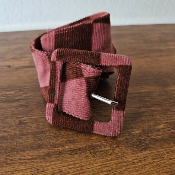 Vintage 90s Y2K Pink Brown Corduroy Check Checkerboard Fabric Waist Belt S/M - Picture 2 of 6
